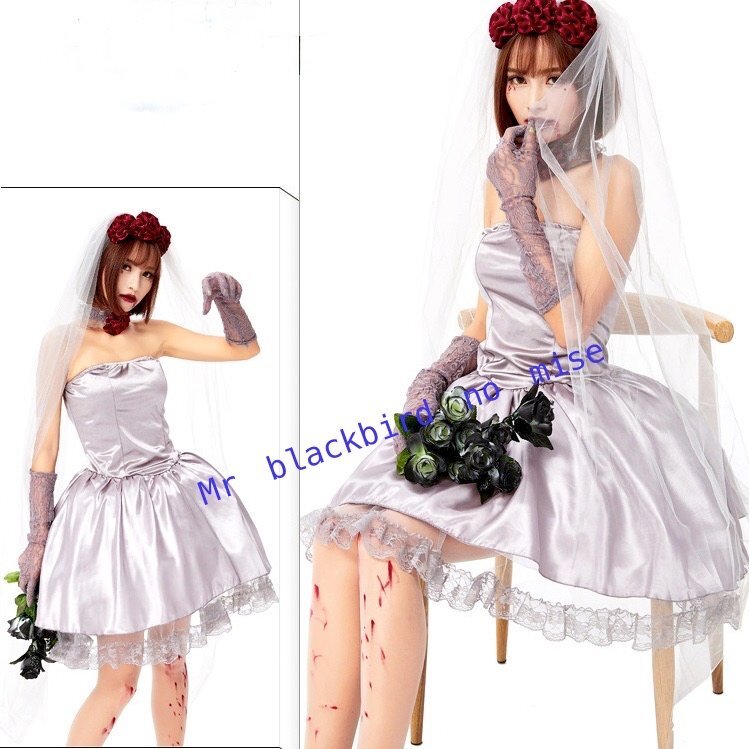 コスプレ衣装 ハロウィン ゾンビ花嫁風 ゴーストブライド コスチューム 仮装 ミニウエディングドレス 4点セット お化け 変装 女性 L拍卖