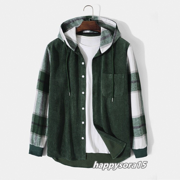 シャツ メンズ カジュアルシャツ シャツジャケット 長袖 フード付き チェック柄 切替 コーデュロイ カジュアル グリーン 2XL拍卖