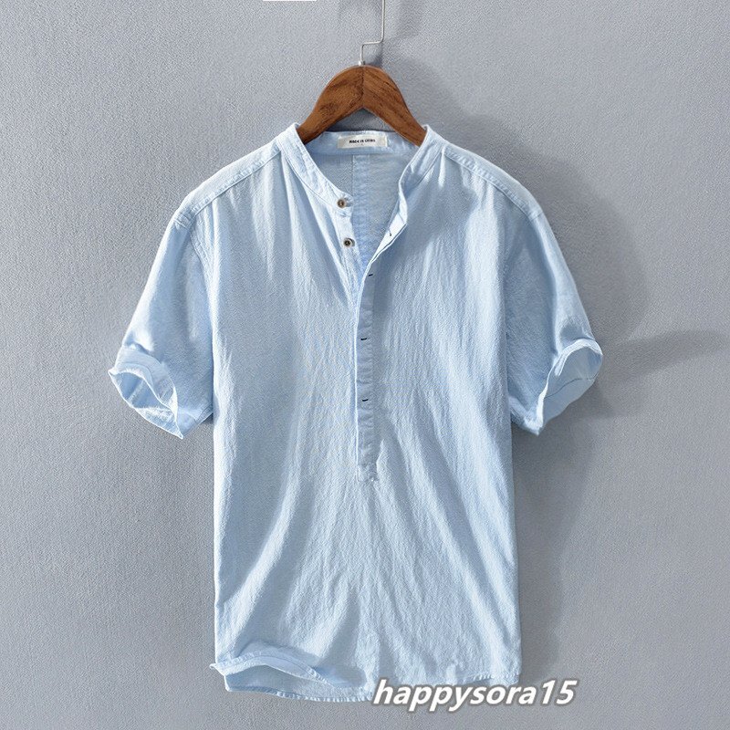 リネンシャツ メンズ カジュアルシャツ 半袖 プルオーバー ヘンリーネック 立ち襟 シンプル 夏服 トップス ライトブルー XL拍卖