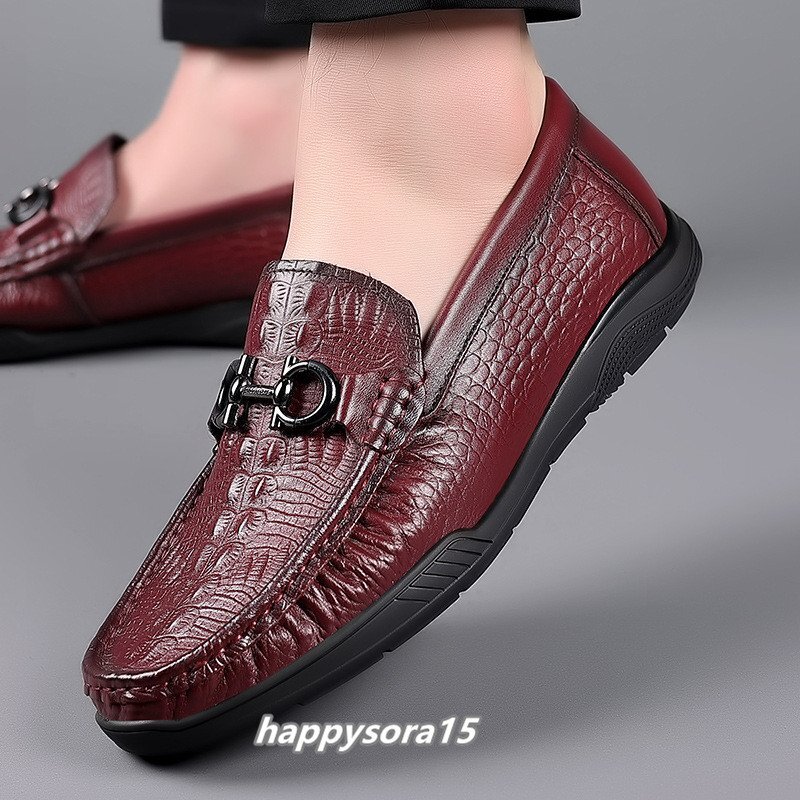 ローファー メンズ スリッポン ビジネスシューズ 本革 牛革 ローカット カジュアル メタル ワニ柄 クロコダイル レッド 26.5cm拍卖
