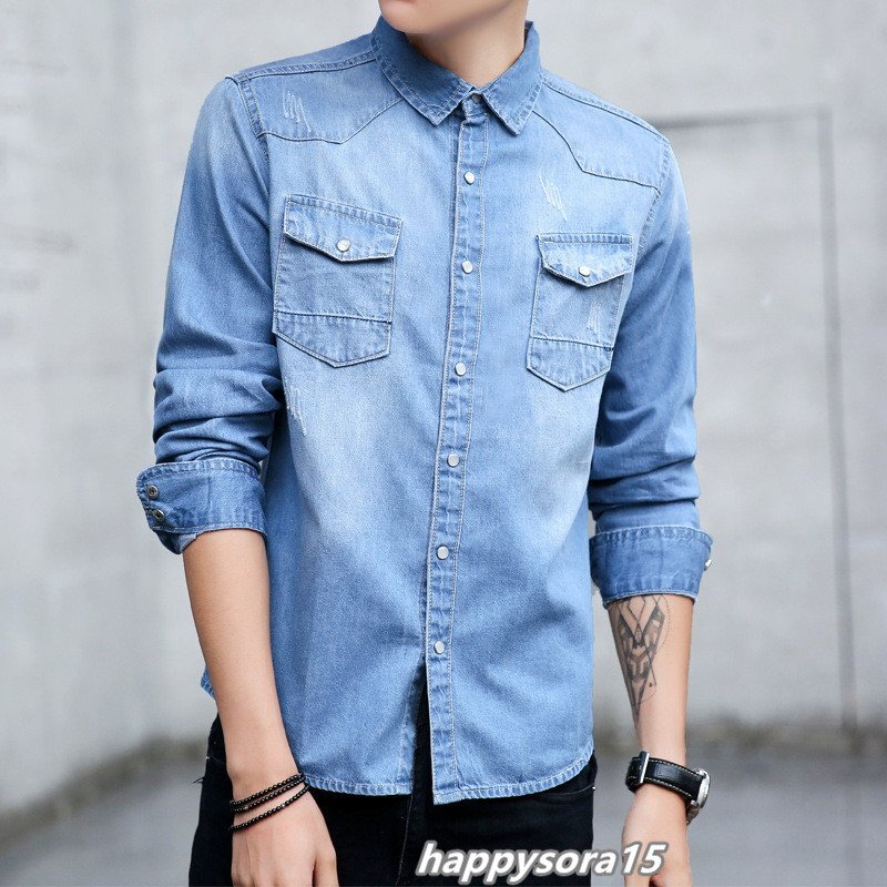 デニムシャツ メンズ カジュアルシャツ 綿 ダンガリー 長袖 ヴィンテージ加工 トップス ライトブルー M拍卖
