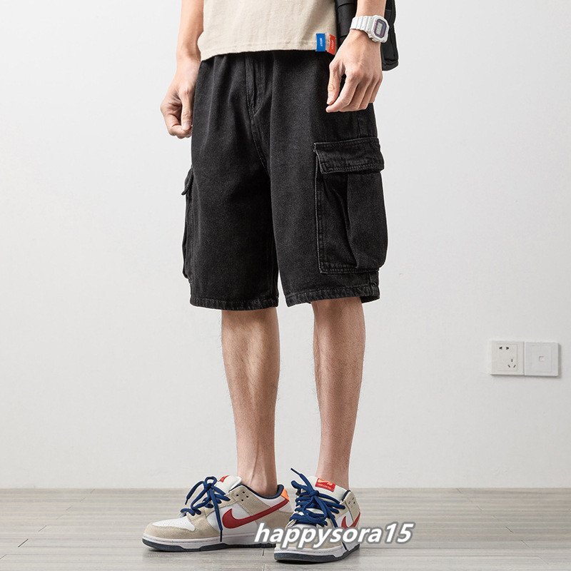 デニムショートパンツ メンズ ハーフパンツ ジーンズ Gパンツ 半ズボン 膝上 短パン ボトムス 5分丈 ブラック L拍卖