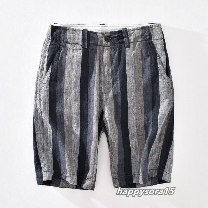 ショートパンツ メンズ ハーフパンツ  ショーツ  リネンパンツ 綿麻 短パン ボトムス ストライプ柄 夏服 着心地抜群 ブルー 38拍卖