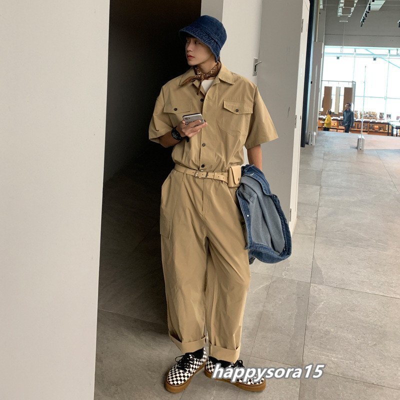 オーバーオール メンズ サロペット オールインワン つなぎ 作業服カバーオール ペインター カジュアル カーキ M拍卖