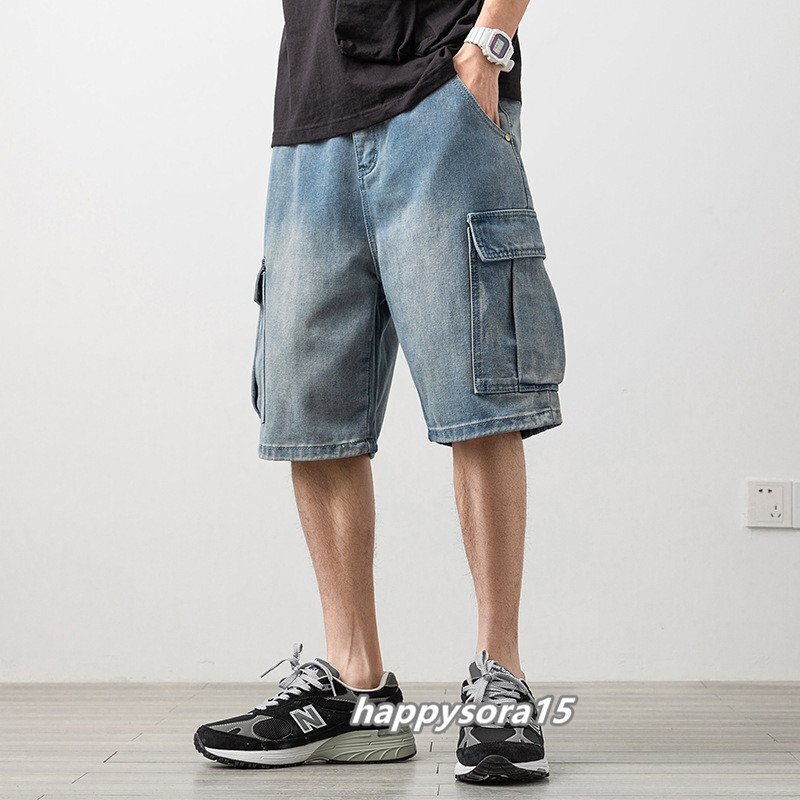 デニムショートパンツ メンズ ハーフパンツ ジーンズ Gパンツ 半ズボン 膝上 短パン ボトムス 5分丈 ブルー 5XL拍卖