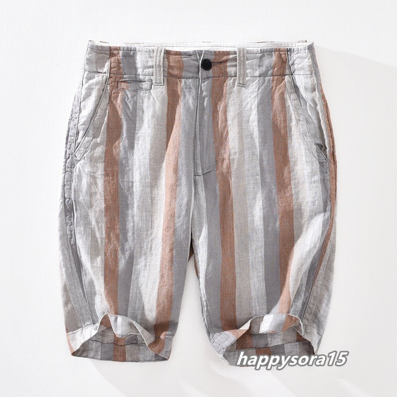 ショートパンツ メンズ ハーフパンツ  ショーツ  リネンパンツ 綿麻 短パン ボトムス ストライプ柄 夏服 着心地抜群 グレー 36拍卖