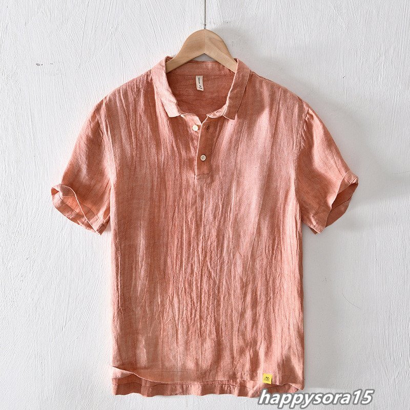 Tシャツ メンズ カジュアルシャツ ポロシャツ スリム 半袖シャツ シンプル 無地 カジュアル 通気性 麻 オレンジ 3XL拍卖