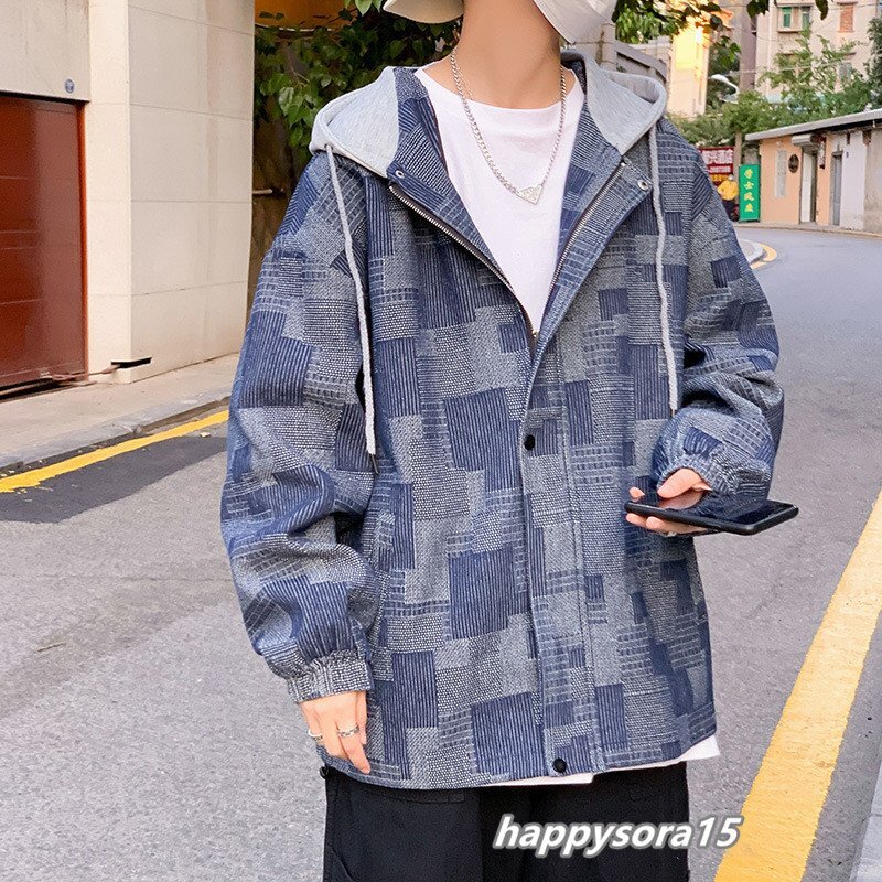 デニムジャケット メンズ Gジャン ジージャン カジュアル アウター フード付き 長袖  紳士服 ブルー 2XL拍卖