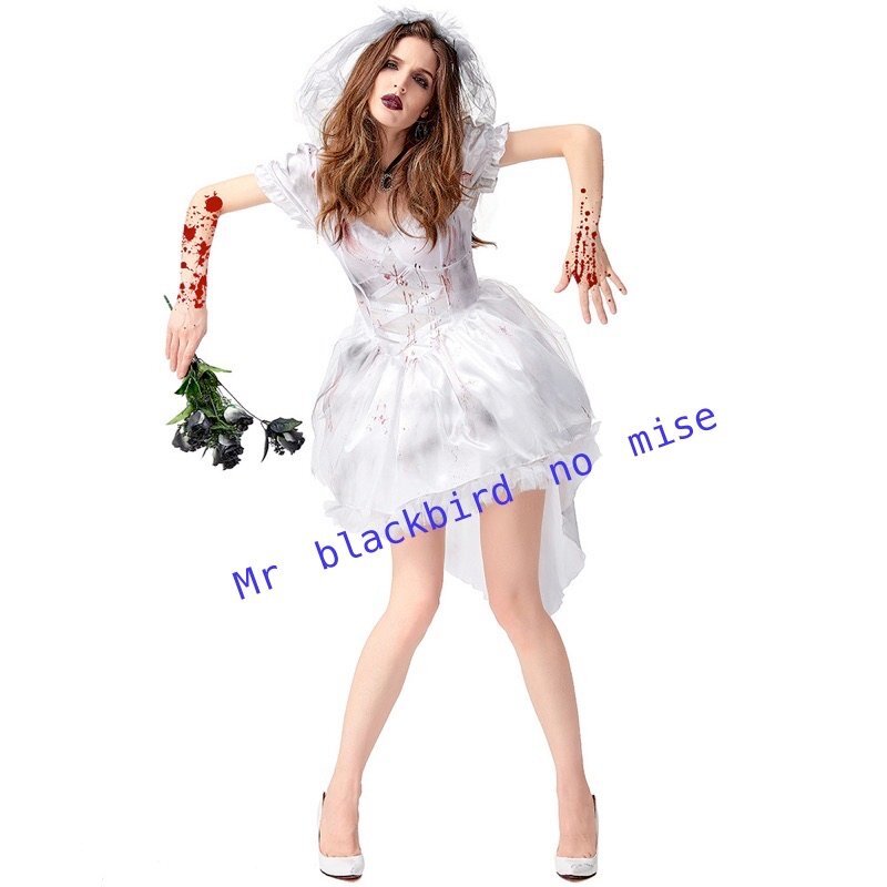 コスプレ衣装 ハロウィン ゾンビ花嫁風 ゴーストブライド コスチューム 仮装 ミニウエディングドレス 2点セット お化け 変装 女性 M拍卖