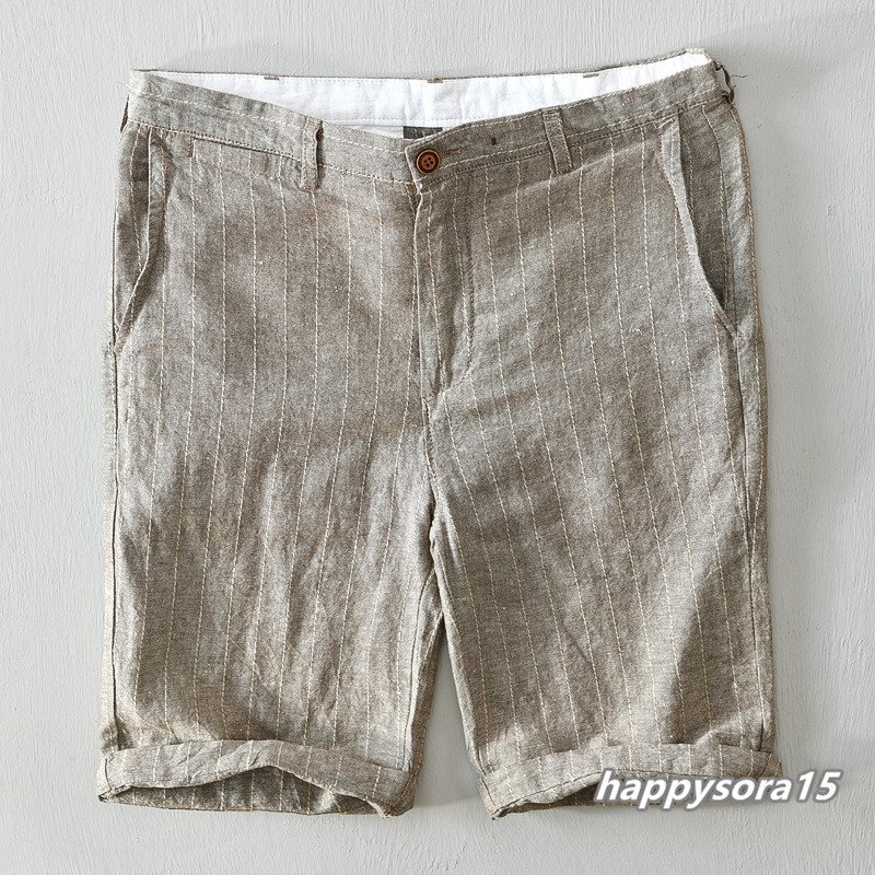 ショートパンツ メンズ ハーフパンツ  リネンパンツ 綿麻 ショーツ  短パン ストライプ柄 薄手 着心地抜群 コーヒー 34拍卖