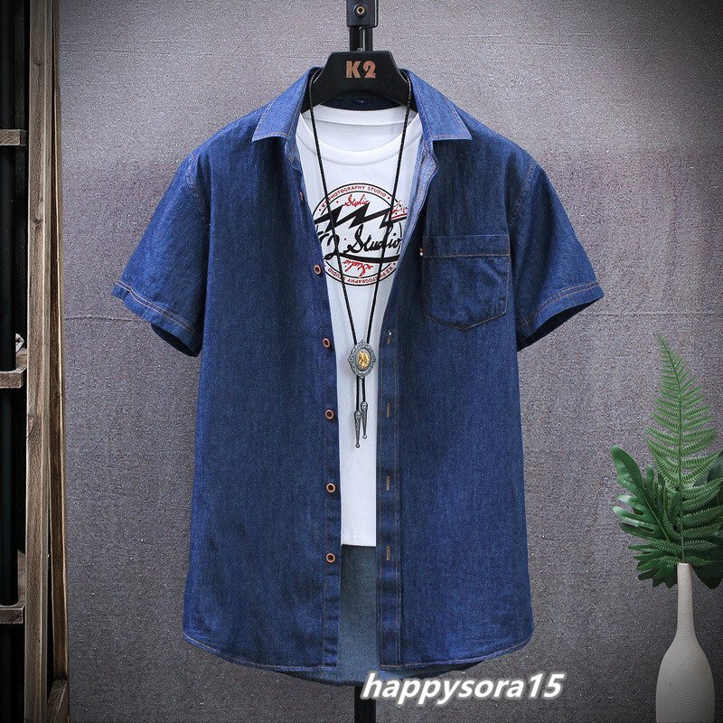 デニムシャツ メンズ カジュアルシャツ 半袖シャツ コットン ユーズド トップス 夏作 新品 ダークブルー 2XL拍卖