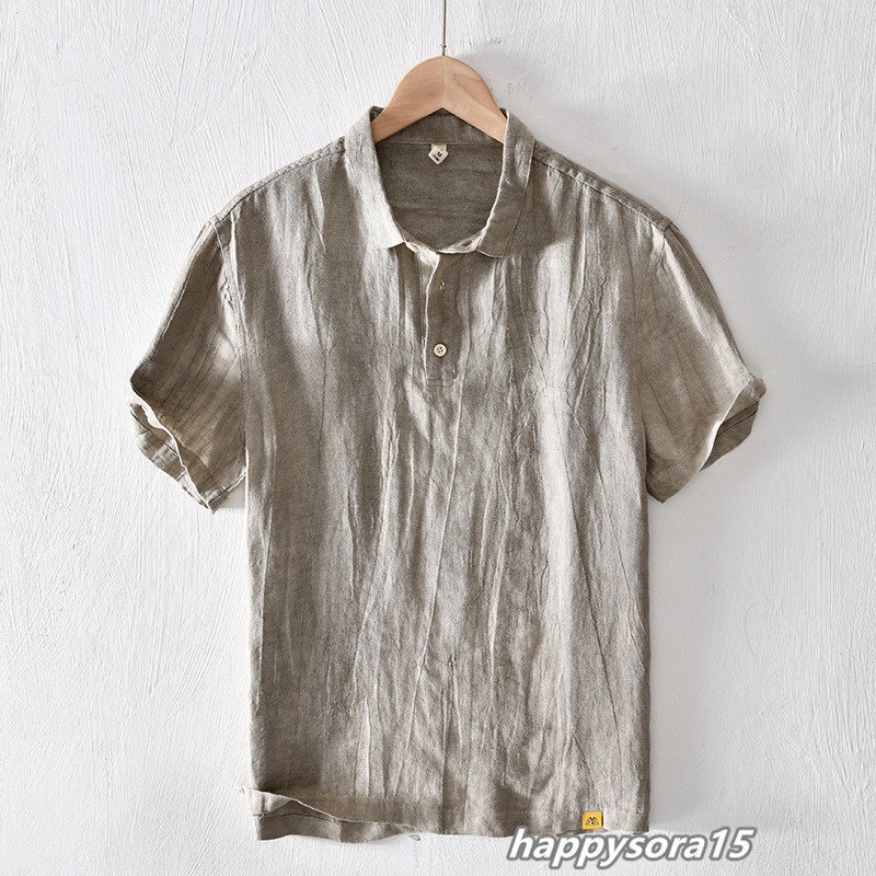 Tシャツ メンズ カジュアルシャツ ポロシャツ スリム 半袖シャツ シンプル 無地 カジュアル 通気性 麻 カーキ M拍卖