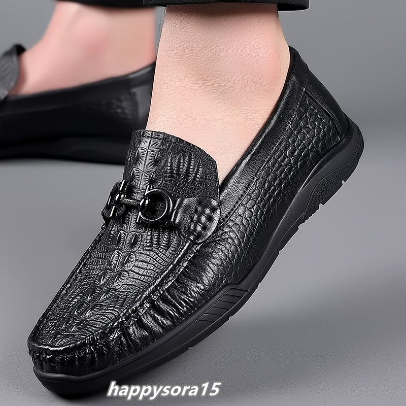 ローファー メンズ スリッポン ビジネスシューズ 本革 牛革 ローカット カジュアル メタル ワニ柄 クロコダイル ブラック 26.5cm拍卖