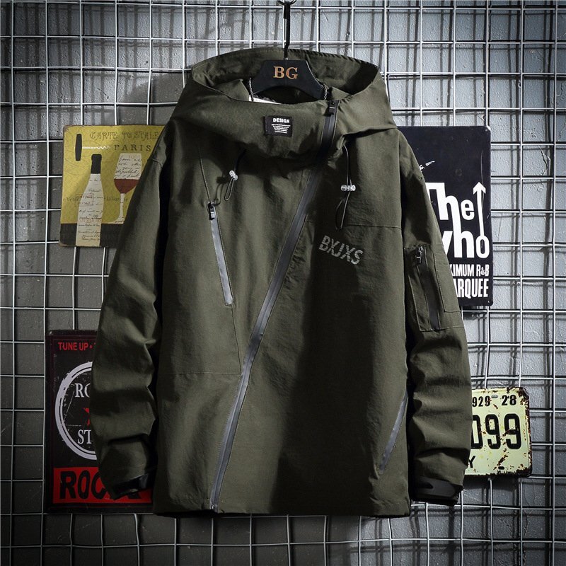 パーカー メンズ ジャケット ショートコート スタンドカラー カジュアル スポーツ フード付き ジップアップ ダークグリーン 3XL拍卖