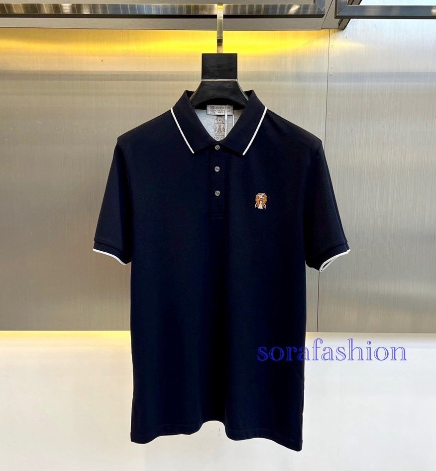 BRUNELLO CUCINELLIブルネロ クチネリ メンズ半袖ポロシャツ T-シャツ ネイビー M トップス カットソー コットン カノコ 紳士服 春夏拍卖
