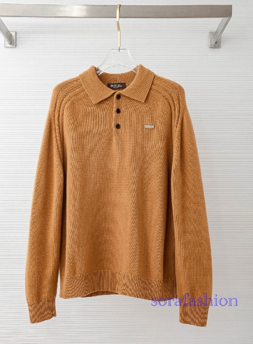 Loro Piana ロロピアーナ メンズニットポロシャツ 長袖T-シャツ ブラウン 56サイズ ニットセーター トップス ウール 紳士服 防寒 秋冬物拍卖