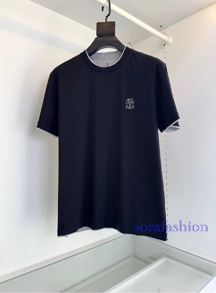 BRUNELLO CUCINELLI(ブルネロ クチネリ) メンズT-シャツ 半袖 クルーネック ブラック Mサイズ トップス カットソー 綿 丸首 刺繍ロゴ拍卖