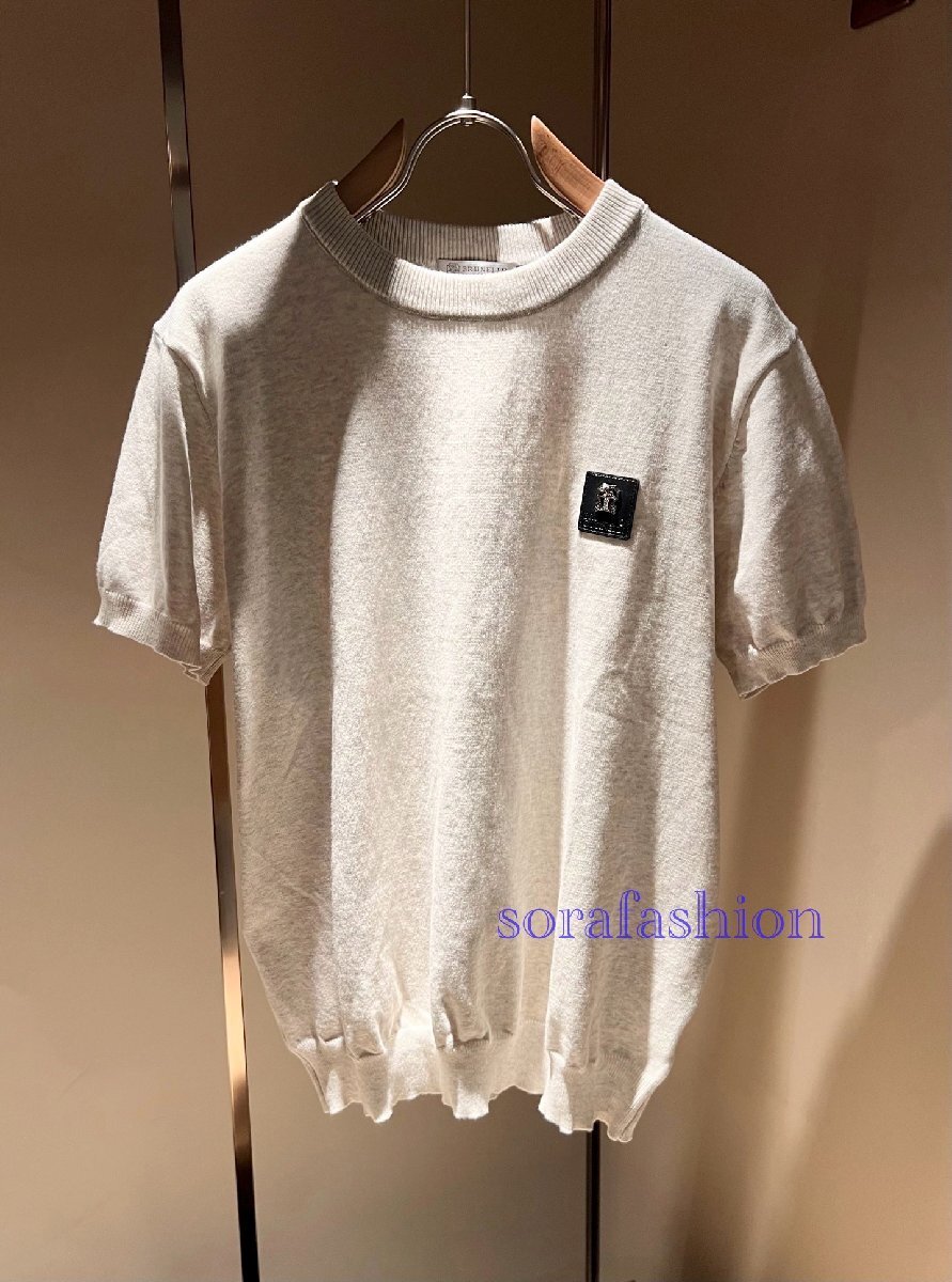 BRUNELLO CUCINELLI ブルネロ クチネリ メンズニット半袖T-シャツ トップス 丸首 杢ホワイト Lサイズ ニットカットソー クルーネック拍卖