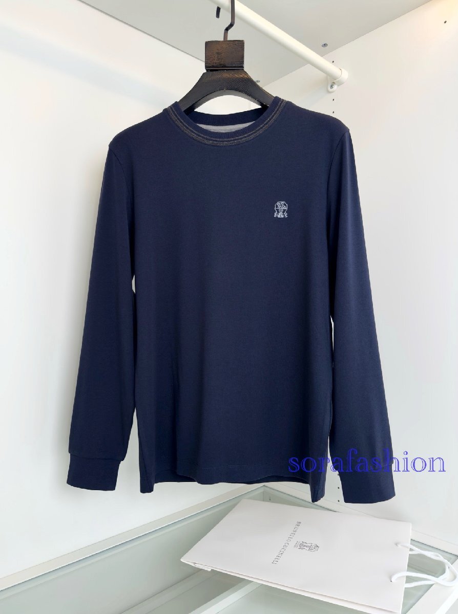 BRUNELLO CUCINELLI(ブルネロ クチネリ) メンズT-シャツ 長袖 トップス トレーナー ネイビー 2XL 丸首 モダール/ウール入り 刺繍ロゴ 無地拍卖