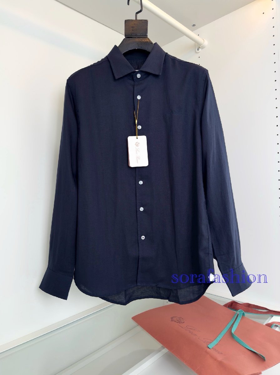 Loro Piana ロロピアーナ メンズリネンシャツ 長袖ワイシャツ トップス ネイビー M フォーマルウェア 麻 紳士服 無地 カジュアル ビジネス拍卖