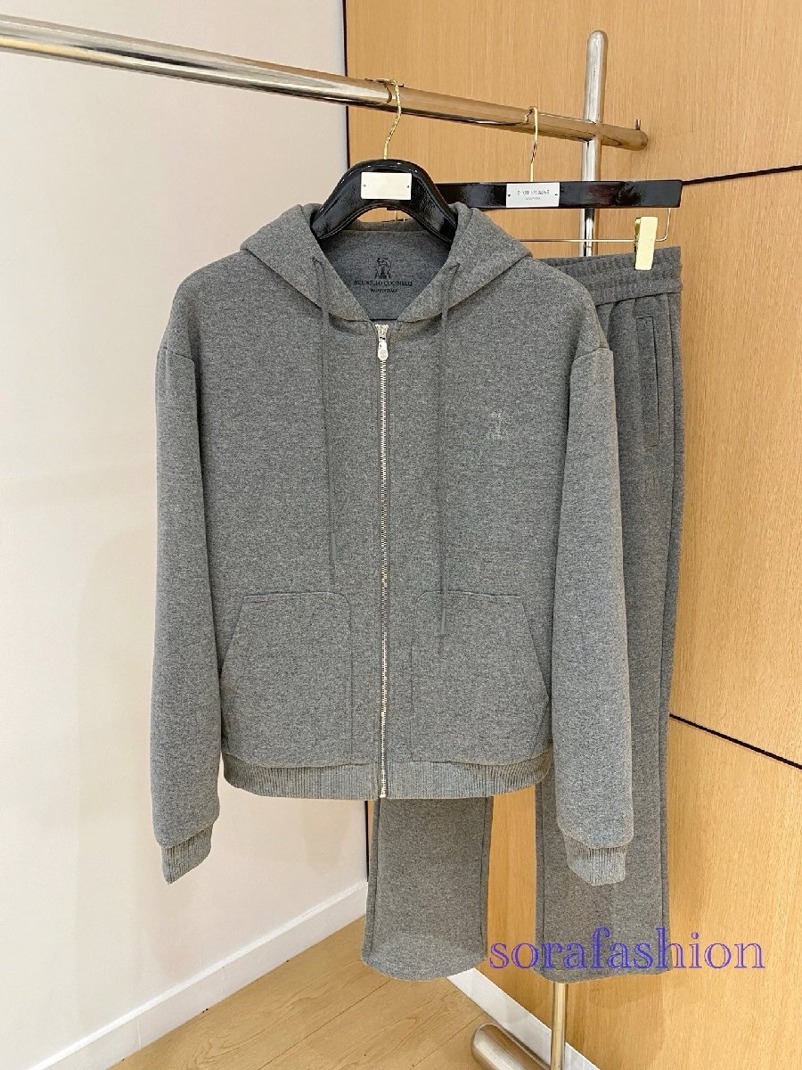 BRUNELLO CUCINELLI メンズ上下2点セット セットアップ グレー 2XL ジャケット ジップアップパーカー ロングパンツ スウェット ウール拍卖