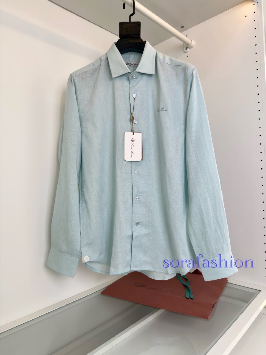 Loro Piana ロロピアーナ メンズリネンシャツ 長袖ワイシャツ トップス ブルー M フォーマルウェア 麻 無地 紳士服 カジュアル ビジネス拍卖