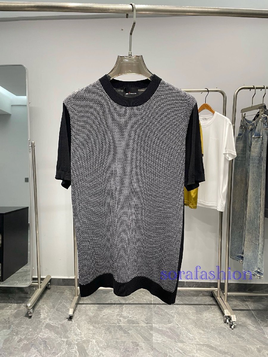 KITON キトン メンズニットT-シャツ 半袖 48サイズ トップス 丸首 ニットカットソー 紳士服 クルーネック ジャガード柄 カジュアル拍卖