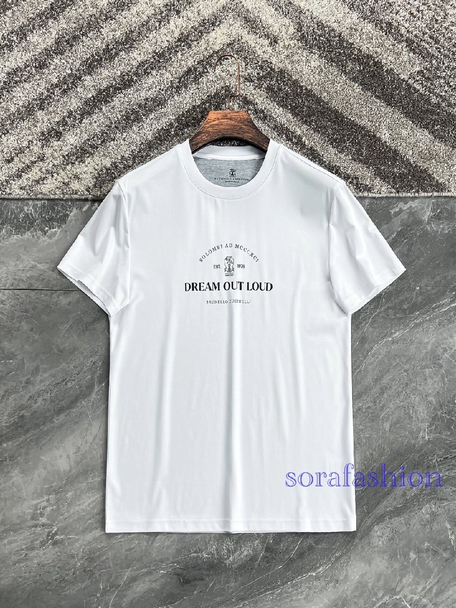 BRUNELLO CUCINELLI(ブルネロ クチネリ) メンズ半袖T-シャツ トップス クルーネック ホワイト 48サイズ 丸首 カットソー 綿 プリントゴロ拍卖