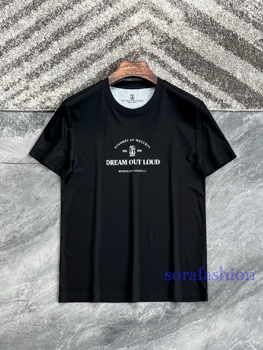 BRUNELLO CUCINELLI(ブルネロ クチネリ) メンズ半袖T-シャツ トップス クルーネック ブラック 56サイズ 丸首 カットソー 綿 プリントゴロ拍卖