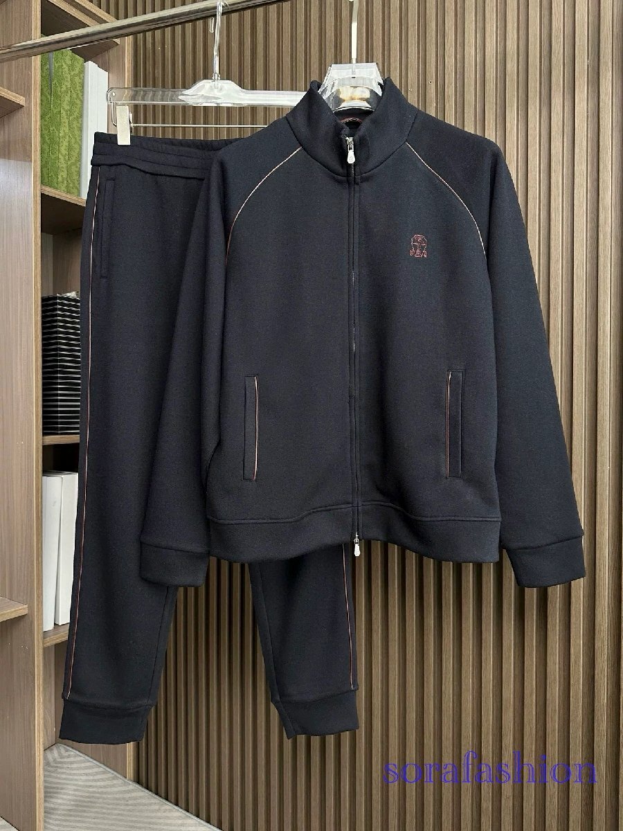 BRUNELLO CUCINELLIメンズセットアップ 上下2点セット ブラック 3XL ジャケット ジップアップパーカー ロングパンツ スウェットウェア 秋物拍卖