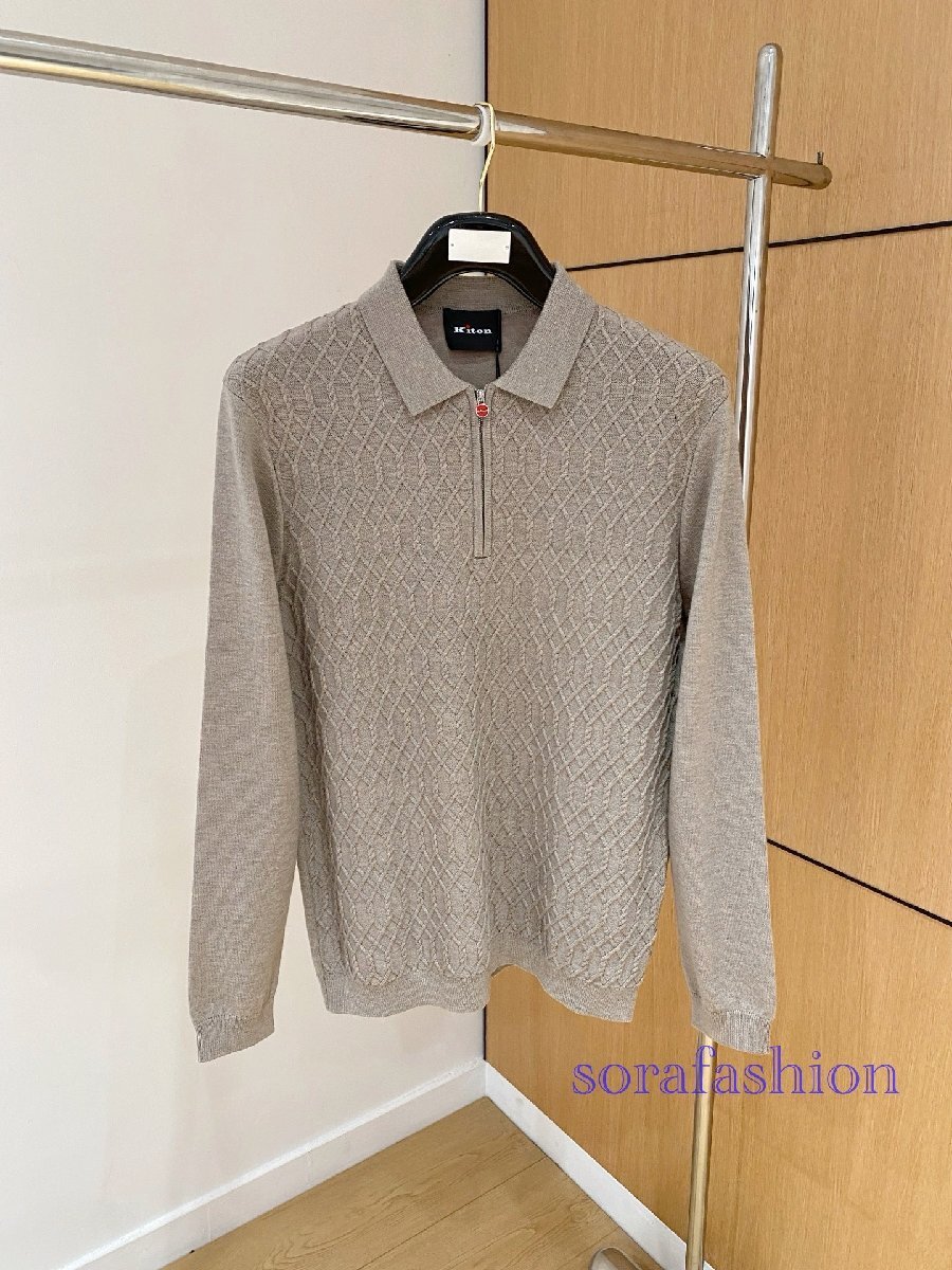 KITON キトン メンズニットポロシャツ 長袖T-シャツ トップス カーキ 54サイズ 紳士服 ジャガード柄 通気吸湿 紳士服 コットン 柔らか拍卖