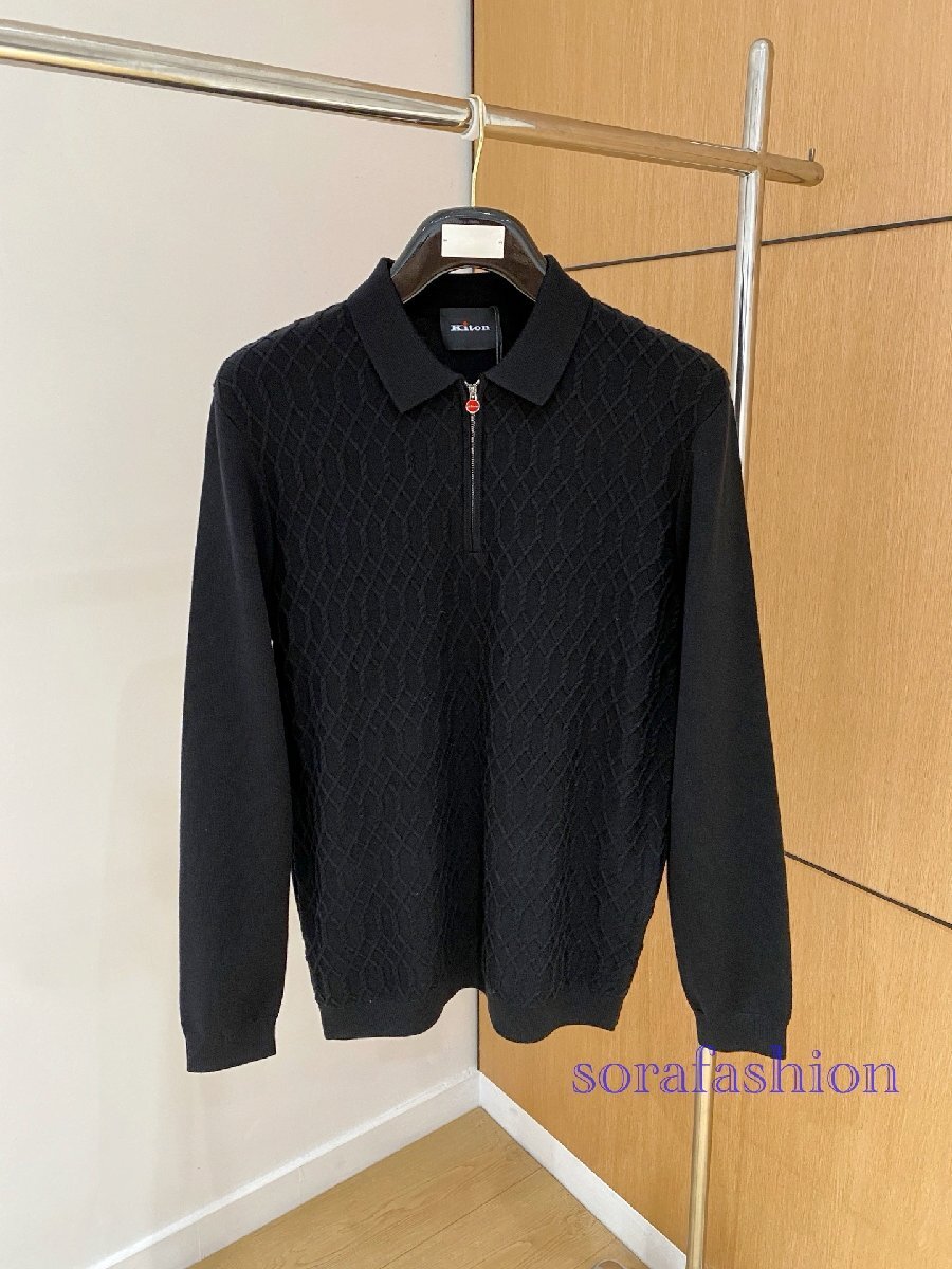 KITON キトン メンズニットポロシャツ 長袖T-シャツ トップス ブラック 54サイズ 紳士服 ジャガード柄 通気吸湿 紳士服 コットン 柔らか拍卖