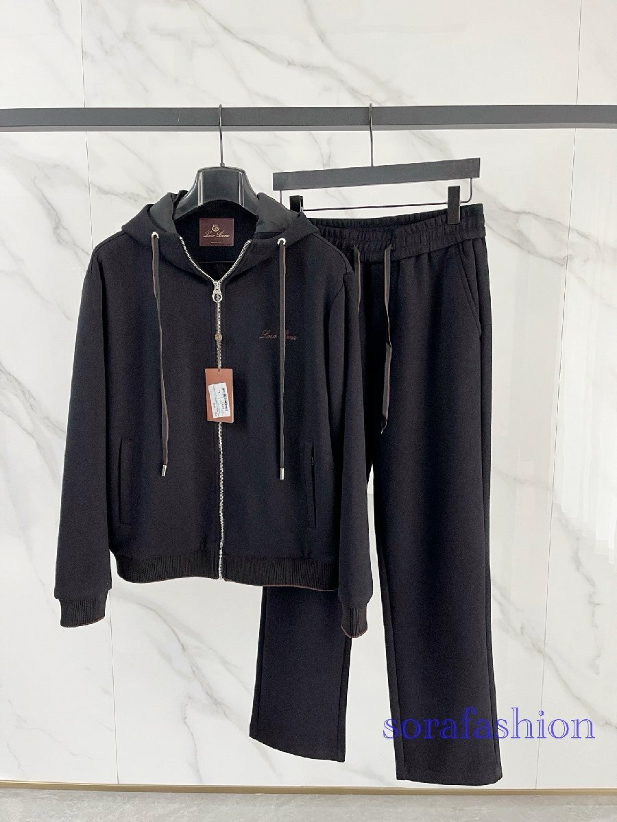 Loro Piana ロロピアーナ メンズセットアップ 上下2点セット ブラック 3XL パーカー ブルゾン ロングパンツ スウェット ウール スポーツ拍卖