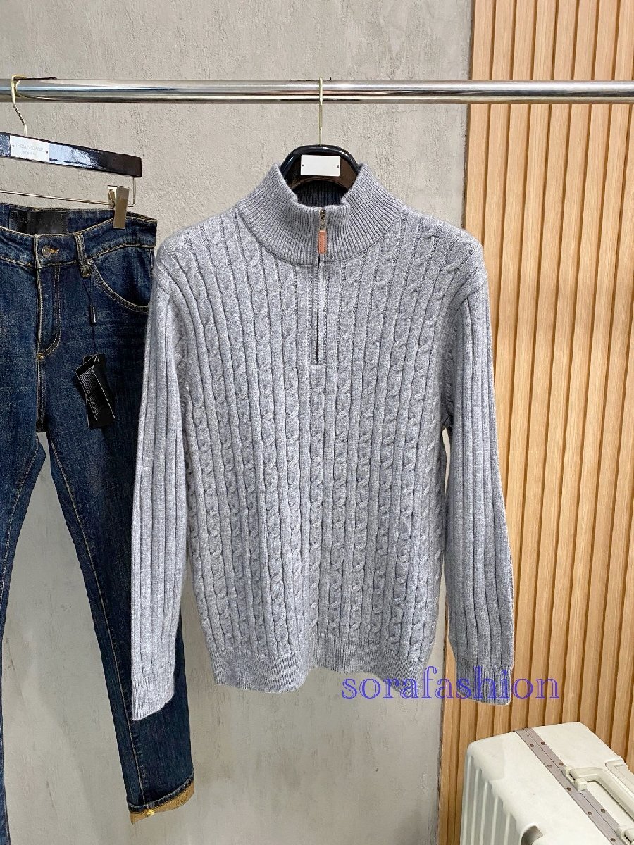 Loro Piana ロロピアーナ メンズニットポロT-シャツ ニットセーター グレー Lサイズ トップス 綿/ウール ニットカットソー 紳士服 秋冬拍卖