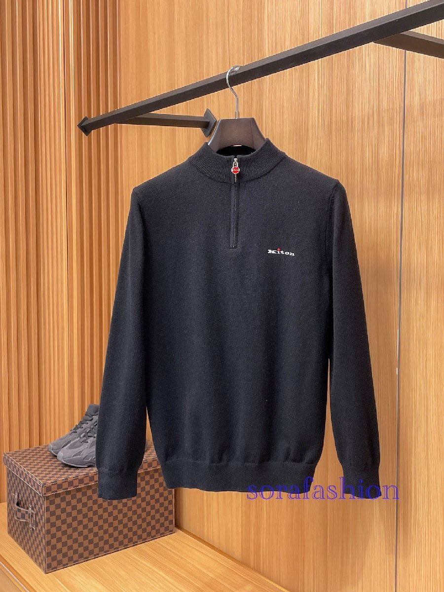 KITON キトン メンズニットポロシャツ ニットセーター 長袖T-シャツ トップス ブラック Lサイズ 紳士服 ウール ファスナー付 ハイネック拍卖