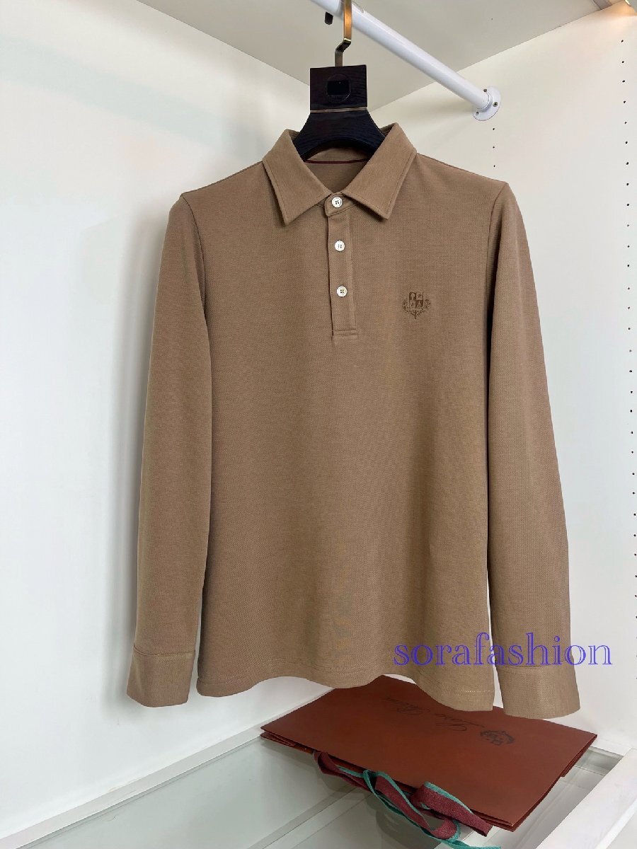 Loro Piana ロロピアーナ メンズポロシャツ 長袖T-シャツ カーキ 2XLサイズ トップス カットソー 無地 シンプル 綿 紳士服 刺繍ロゴ拍卖
