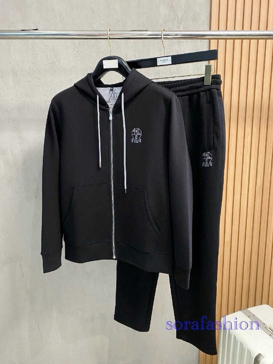 BRUNELLO CUCINELLIメンズセットアップ 上下2点セット ブラック XL ジャケット ジップアップパーカー ロングパンツ スウェットウェア 秋冬拍卖