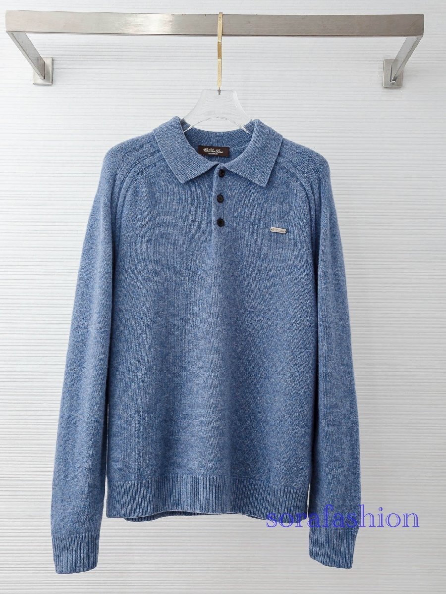 Loro Piana ロロピアーナ メンズニットポロシャツ 長袖T-シャツ 杢ブルー 54サイズ ニットセーター トップス ウール 紳士服 防寒 秋冬物拍卖