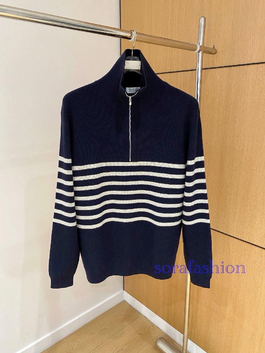 BRUNELLO CUCINELLI ブルネロ クチネリ メンズニットセーター ニットパーカー ネイビー 52サイズ トップス プルオーバー 綿 ファスナー付拍卖