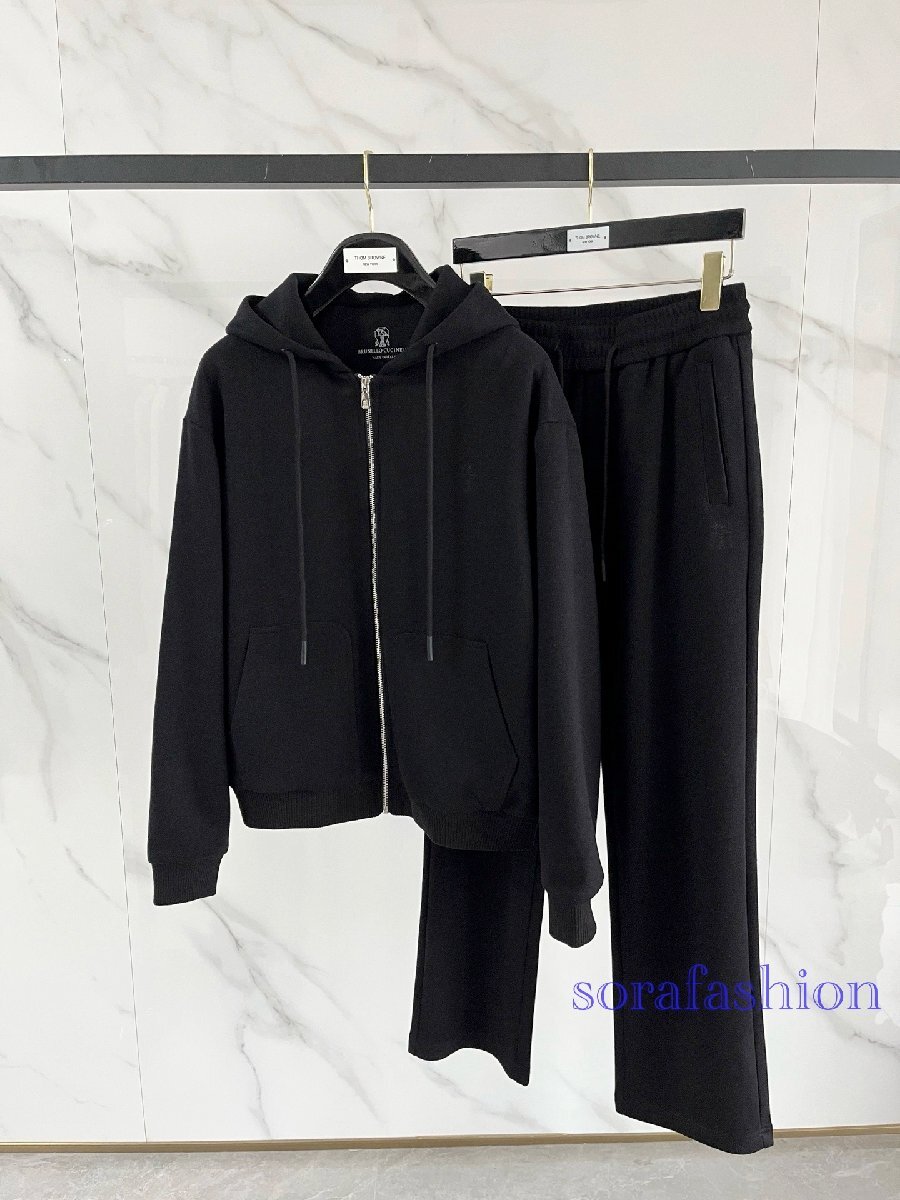 BRUNELLO CUCINELLIメンズ上下2点セット セットアップ ブラックXL ジャケット ジップアップパーカー ロングパンツ ウール スウェットウェア拍卖