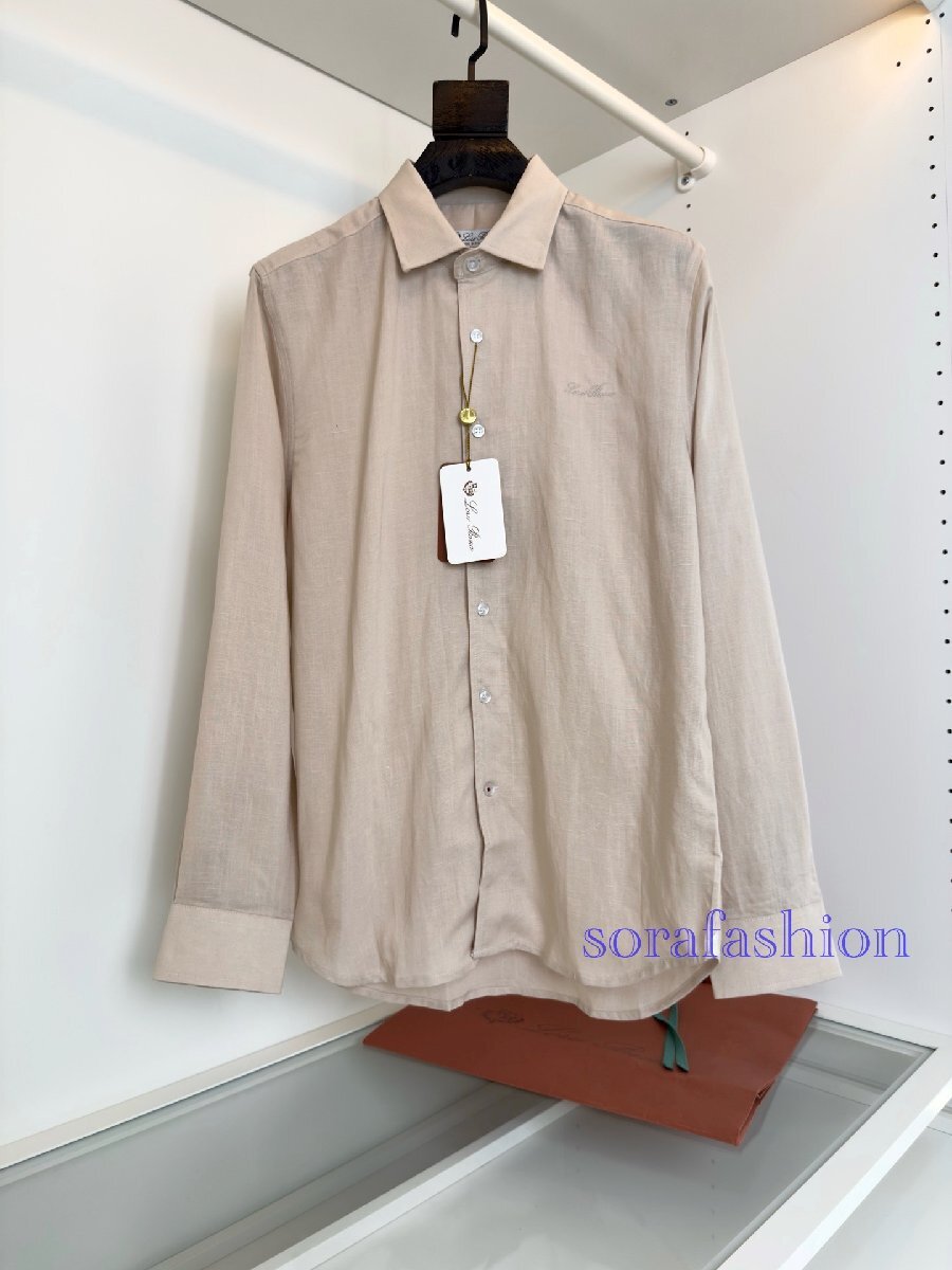 Loro Piana ロロピアーナ メンズリネンシャツ 長袖ワイシャツ トップス カーキ 2XL フォーマルウェア 麻 無地 紳士服 カジュアル ビジネス拍卖