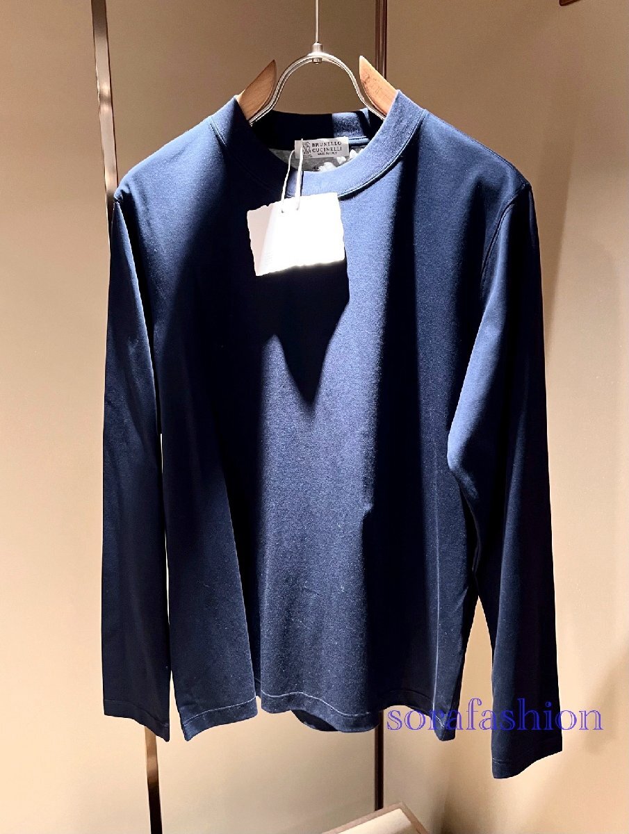 BRUNELLO CUCINELLI(ブルネロ クチネリ) メンズ長袖T-シャツ トレーナー トップス ネイビー 2XLサイズ 丸首 クルーネック 無地 綿 紳士服拍卖