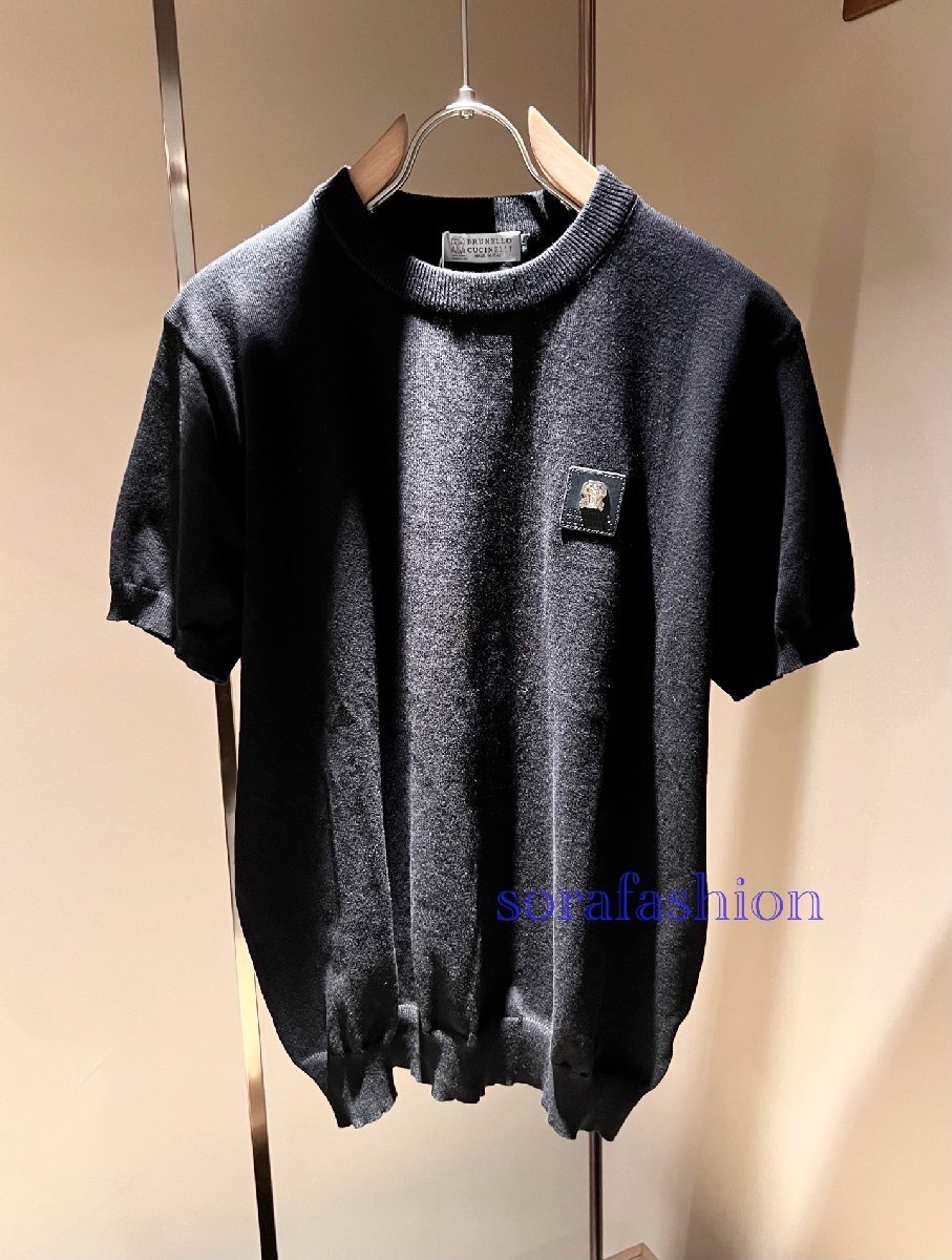BRUNELLO CUCINELLI ブルネロ クチネリ メンズニット半袖T-シャツ トップス 丸首 ブラック XLサイズ ニットカットソー クルーネック拍卖