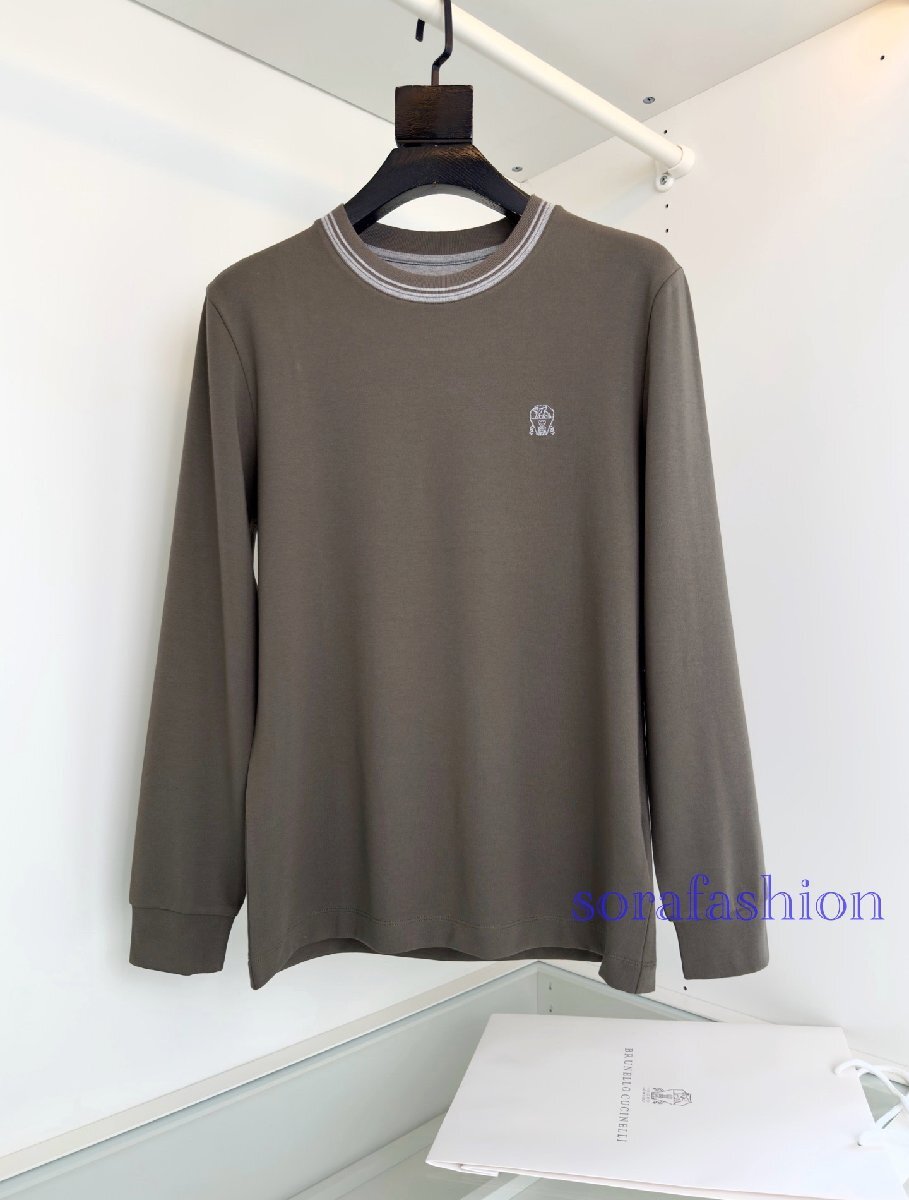 BRUNELLO CUCINELLI(ブルネロ クチネリ) メンズT-シャツ 長袖 トップス トレーナー グリーン XL 丸首 モダール/ウール入り 刺繍ロゴ 無地拍卖