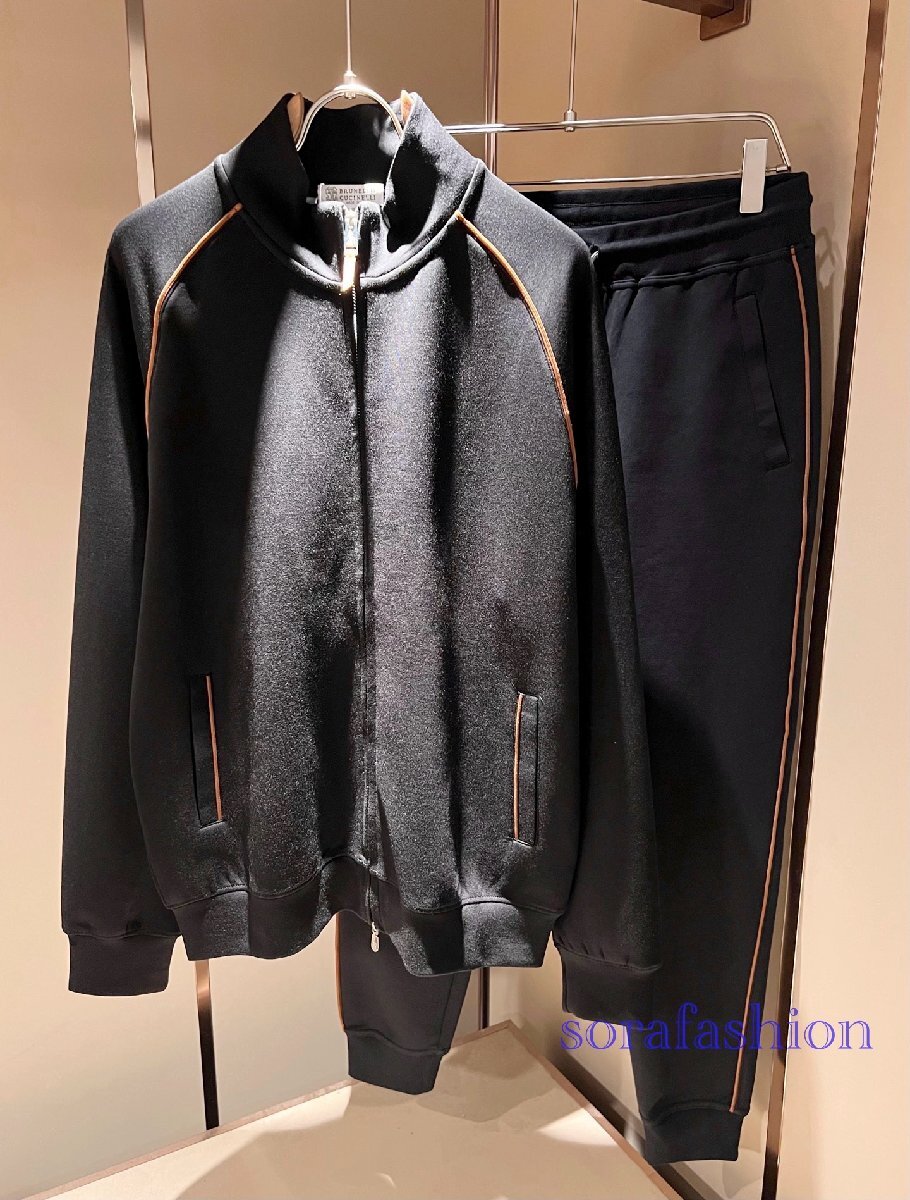 BRUNELLO CUCINELLI メンズ上下2点セット セットアップ ブラック XL ジャケット ジップアップパーカー ロングパンツ スウェット 吸湿通気拍卖