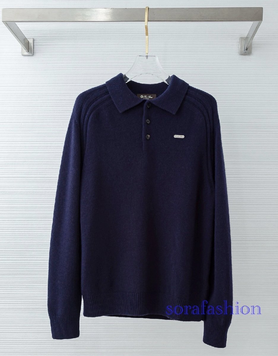 Loro Piana ロロピアーナ メンズニットポロシャツ 長袖T-シャツ ネイビー 56サイズ ニットセーター トップス ウール 紳士服 防寒 秋冬物拍卖
