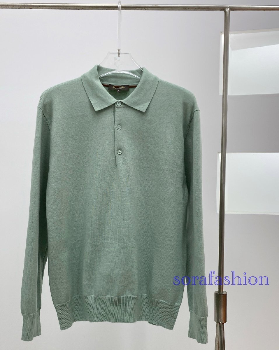 Loro Piana ロロピアーナ メンズニットポロシャツ 長袖T-シャツ グリーン 50サイズ トップス ニットカットソー ウール・綿 無地 シンプル拍卖