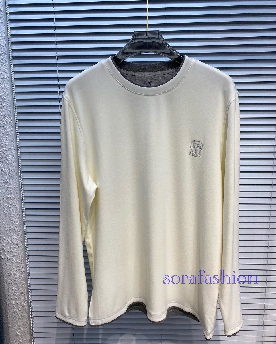BRUNELLO CUCINELLI(ブルネロ クチネリ) メンズ長袖T-シャツ トップス ホワイト L 丸首 トレーナー クルーネック 刺繍ロゴ 無地 コットン拍卖