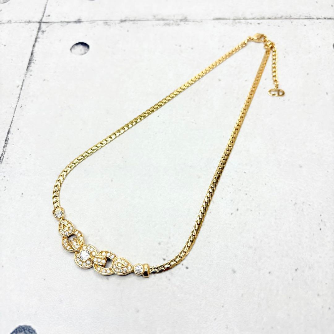 極美品 Dior ラインストーン チョーカー ネックレス Christian Dior クリスチャンディオール リボン 金 ディオール CD ロゴ チェーン拍卖