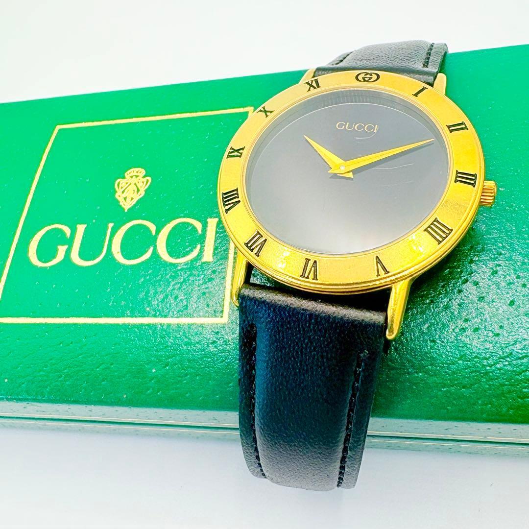 1円 稼働 GUCCI グッチ 3000.2.M 腕時計 ゴールド ローマン 箱付き アンティーク ヴィンテージ ゴールド ブラック 腕時計 メンズ拍卖